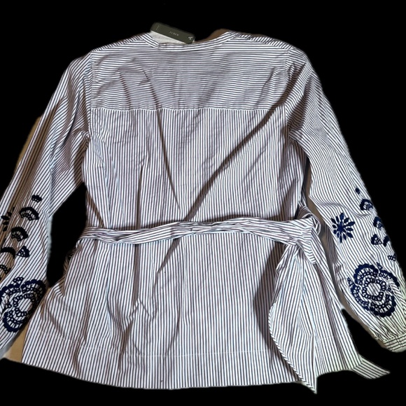 J. Crew Embroidered Navy/Red Pinstripes Tie Front Blouse (NWT) - Picture 3 of 7